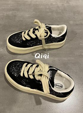 七七主人家 黑色帆布鞋女2023秋季新款鞋子女小众ins潮板鞋女百搭