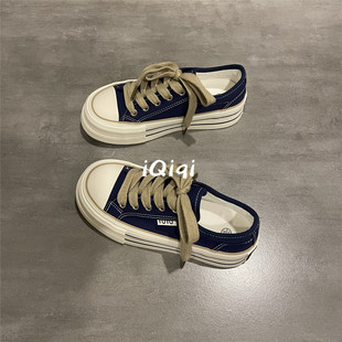 七七主人家藏青色流行爆款帆布鞋女2025新款厚底板鞋秋季学生百搭