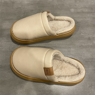 七七主人家 皮质防水毛毛鞋冬季室内加绒保暖家居家棉拖鞋女ins风