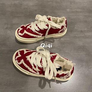 七七主人家 大红色帆布鞋女小众设计感鞋子女夏季百搭透气板鞋女