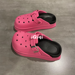 七七主人家 玫红色包头拖鞋女夏季厚底洞洞鞋休闲透气凉鞋女学生