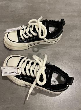 七七主人家 黑色增高春季帆布鞋女2024今年流行爆款百搭女鞋板鞋