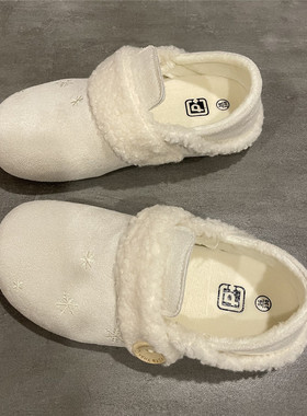 七七主人家加绒保暖棉鞋女白色简约时尚毛绒冬季懒人一脚蹬鞋子女