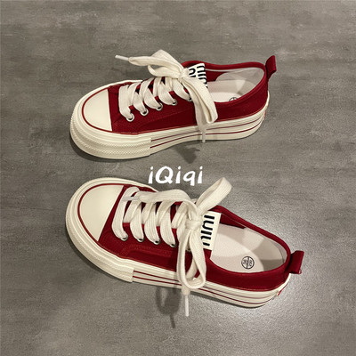 七七主人家 大红色帆布鞋女2025新款爆款鞋子女百搭纯色基础简约