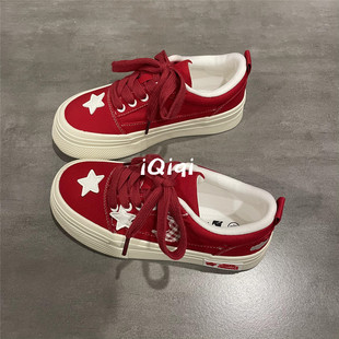 七七主人家大红色帆布鞋女款2025新款鞋子女原创小众设计复古板鞋