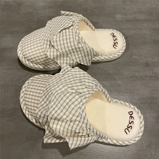 七七主人家 蕾丝花边冬季时尚简约加绒保暖格子好漂亮的棉拖鞋女