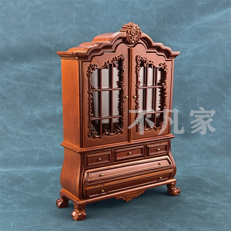 娃娃屋迷你沙发微缩模型1:12袖珍木制复古床卧室家具套装装饰柜
