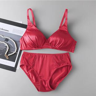 大红色法式真丝无钢圈文胸套装 100%桑蚕丝透气简约缎面内衣内裤