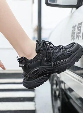 冰洁女鞋2023冬季新款运动鞋真皮平跟厚底加绒休闲老爹鞋22803-1