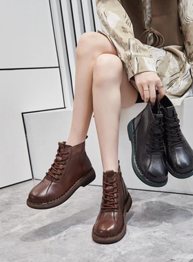 冰洁女靴2024冬季新款短筒靴真皮平跟系带加绒马丁靴休闲13309-2