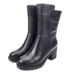 冰洁女鞋2024冬季新款女靴真皮中跟粗跟侧拉链加绒棉靴保暖中筒靴