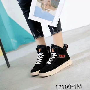 冰洁女鞋2024冬季新真皮平跟平底高帮鞋系带加绒保暖鞋侧拉链休闲