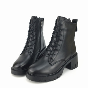 冰洁女鞋2024冬季新款马丁靴真牛皮加绒舒适厚底圆头短筒靴8602-1