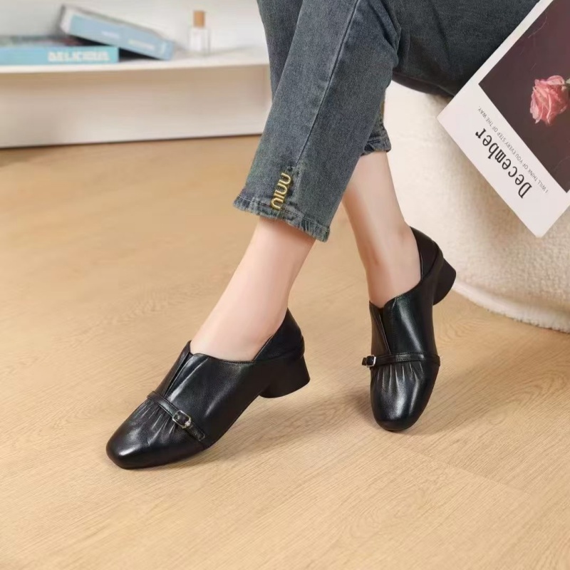 冰洁女鞋2025秋季新款单鞋真皮低跟粗跟皮鞋中老年妈妈深口鞋1905