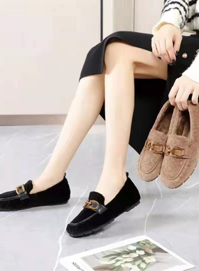 凤飞飞女鞋2024冬季新款真皮低跟浅口加绒豆豆鞋韩版休闲鞋潮9016