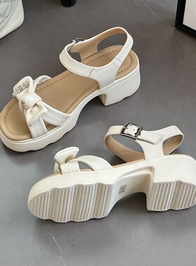 冰洁女鞋2025夏季新款凉鞋真皮中跟粗跟厚底露趾一字扣带休闲鞋潮