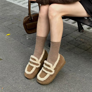 冰洁女鞋2024冬季新款毛毛鞋真皮平跟圆头加绒棉鞋软底保暖休闲鞋