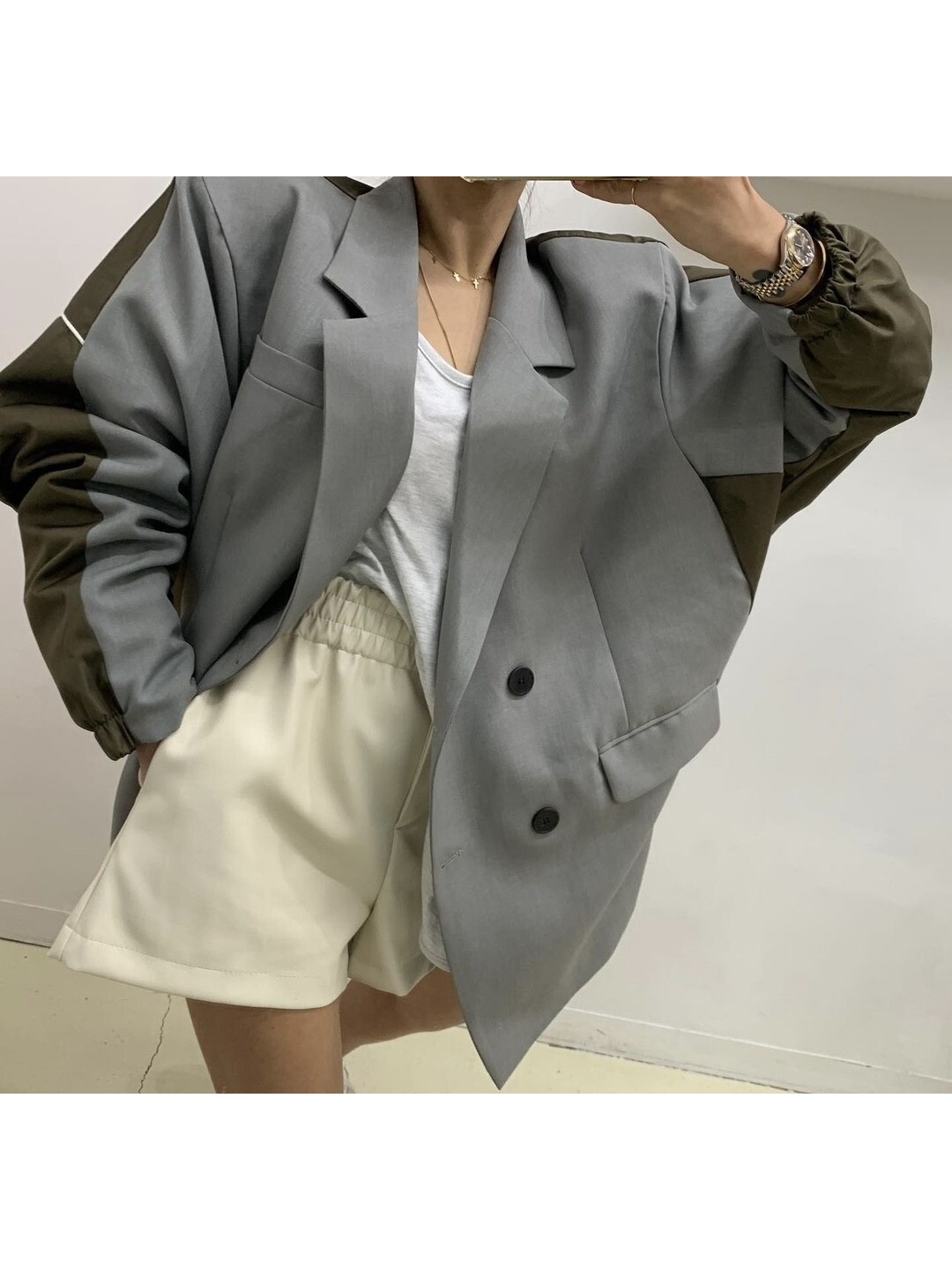 Qadın Koreya tərzi ikiqat düyməli yaxalıq uzunqol blazer