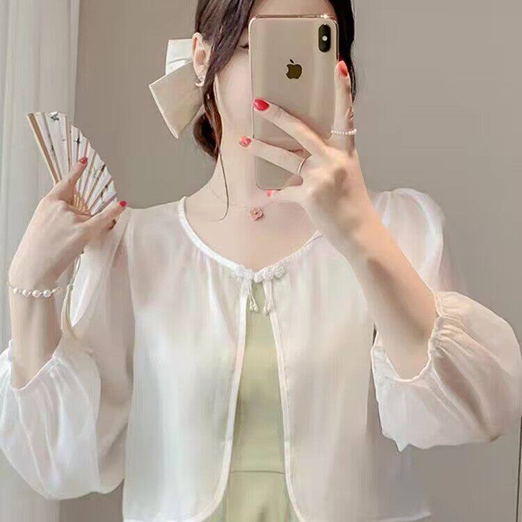 吊带裙外搭薄纱罩衫旗袍披肩外套新中式盘扣雪纺防晒开衫女夏季配