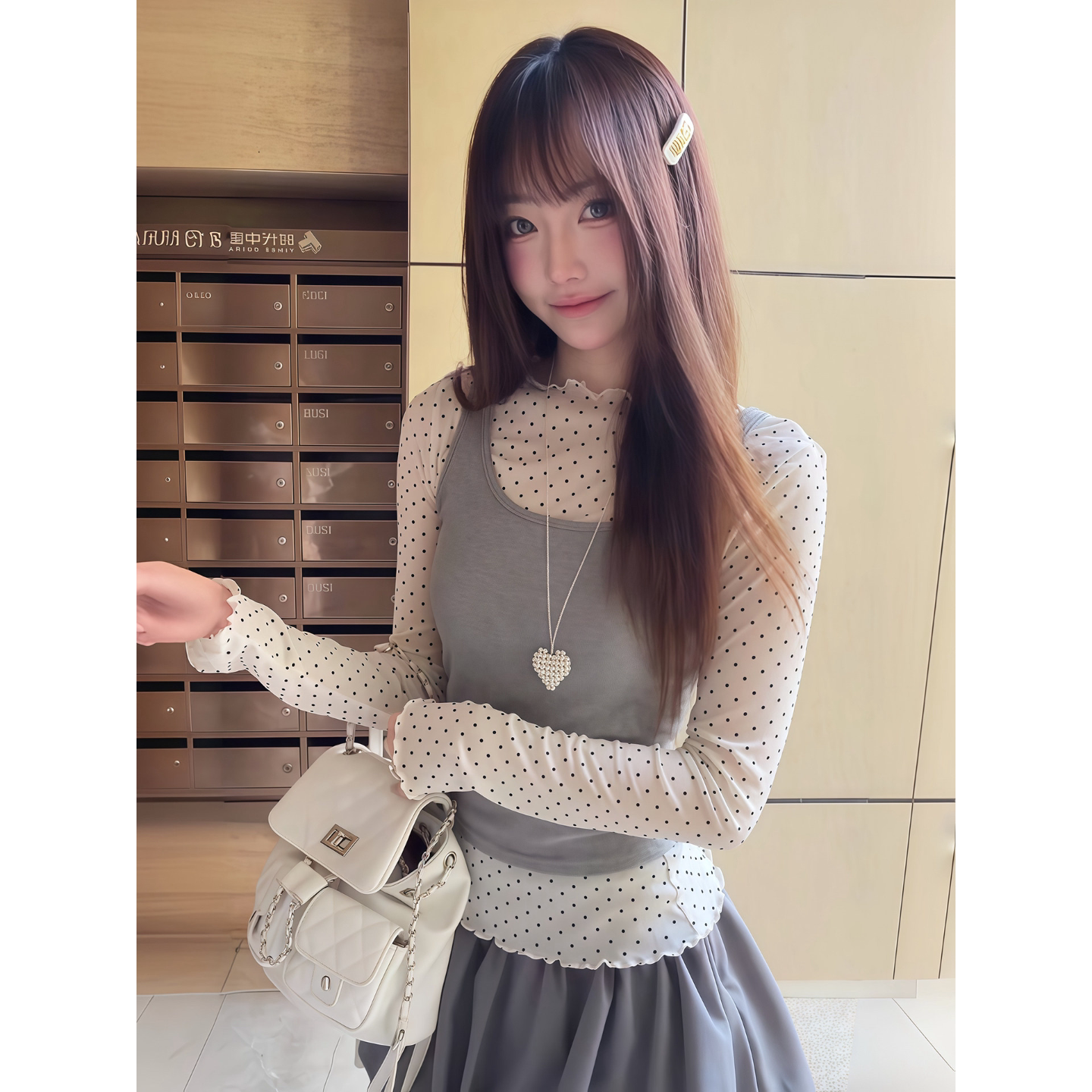 韩系吊带背心叠穿波点网纱长袖T恤女早秋季新款修身两件套上衣tee