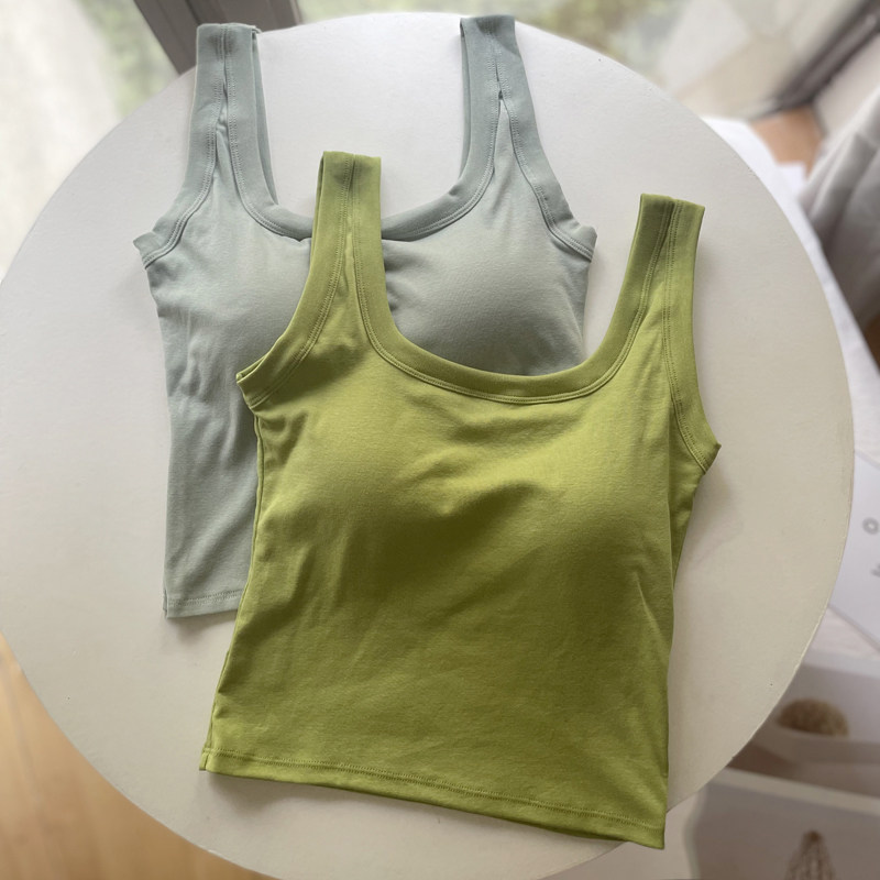 夏方领吊带背心新款短款工字打底纯色修身美背棉宽肩带一体式胸垫