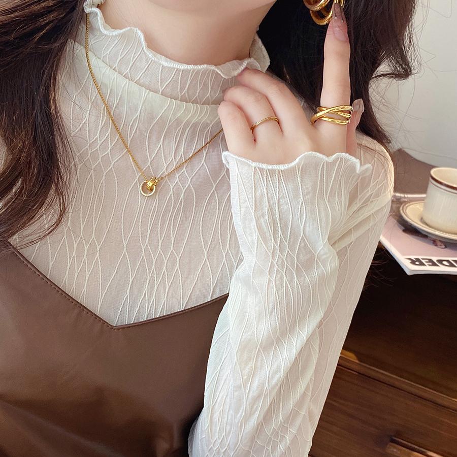 蕾丝打底衫女2024秋季新款薄款网纱内搭白色半高领木耳边上衣纱衣