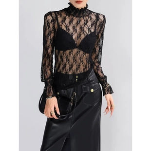 蕾丝打底衫女内搭高领黑色新款超好看花边镂空网纱上衣轻奢高级感