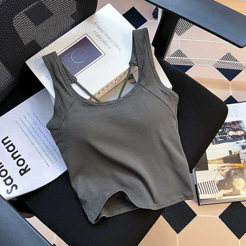 美背吊带小背心女带胸垫防走光内搭遮副乳外穿露脐短款纯棉上衣