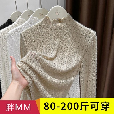 大码磨毛蕾丝打底衫女裝胖mm秋冬新款半高领网纱内搭长袖t恤上衣