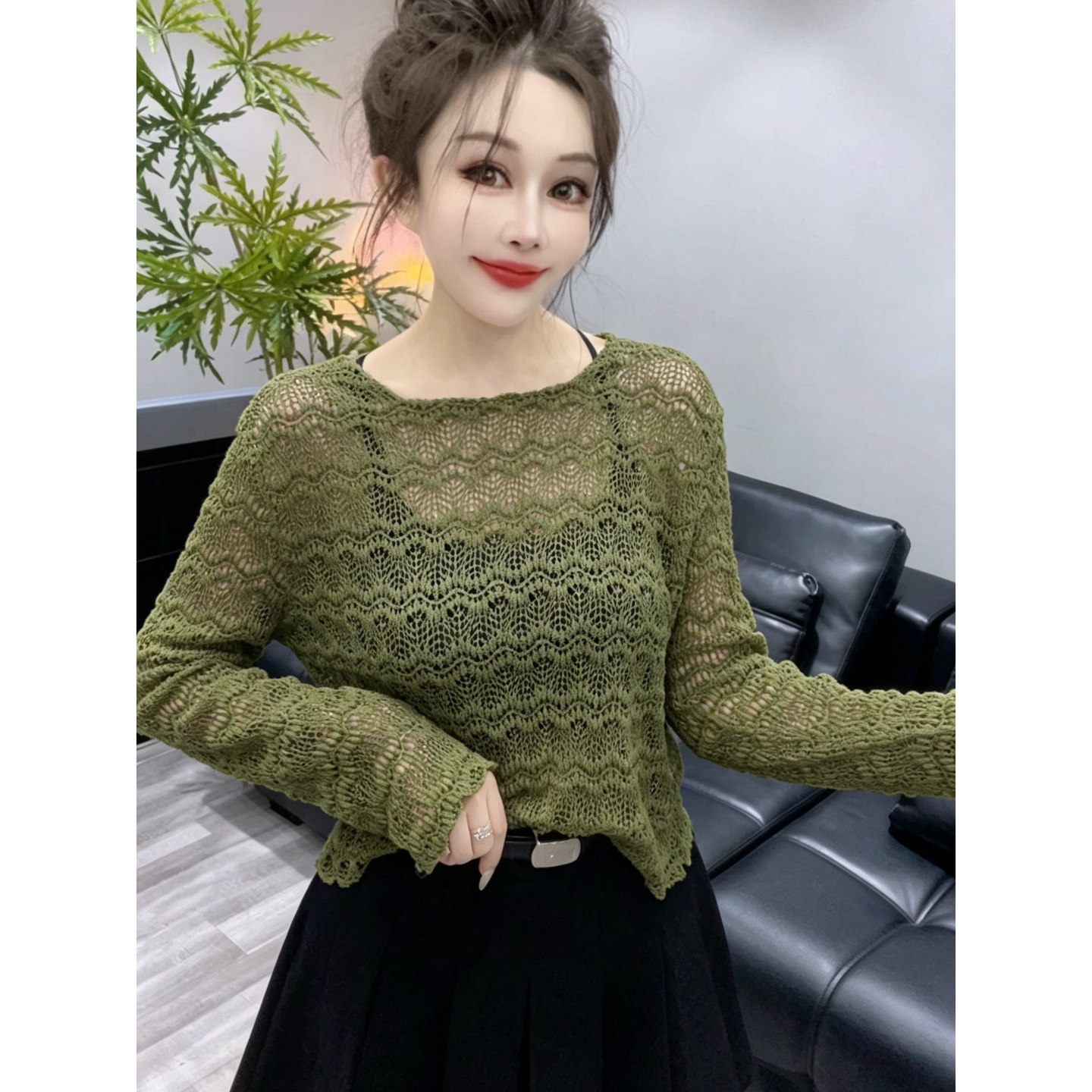 欧货秋季新款性感镂空透视宽松松弛感长袖T恤时尚上衣小衫蕾丝衫