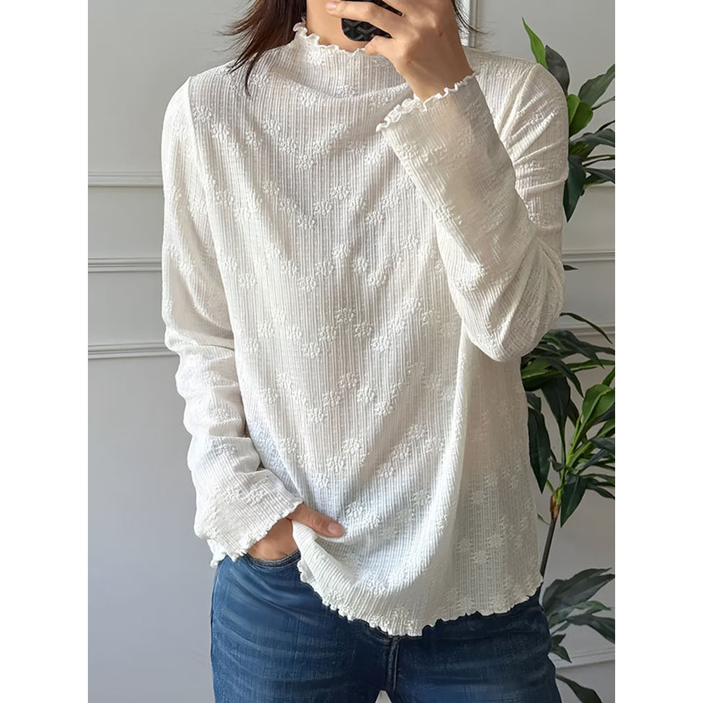 修身木耳边立领蕾丝内搭打底衫女早秋胖mm宽松巨显瘦叠穿t恤上衣
