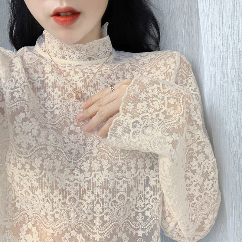 法国尾货捡漏女装品牌折扣撤柜复古立领网纱内搭钩花蕾丝打底衫女