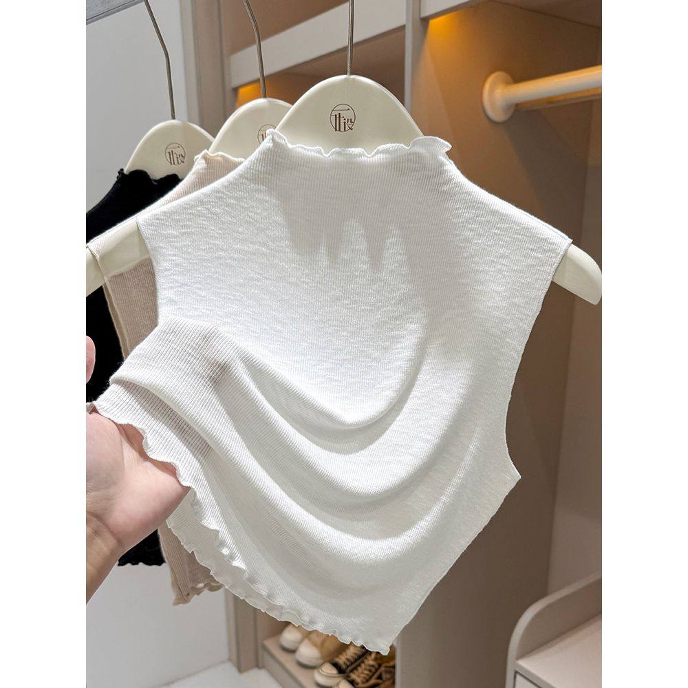 白色半高领无袖假领子背心女木耳边薄款针织内搭打底衫露脐上衣