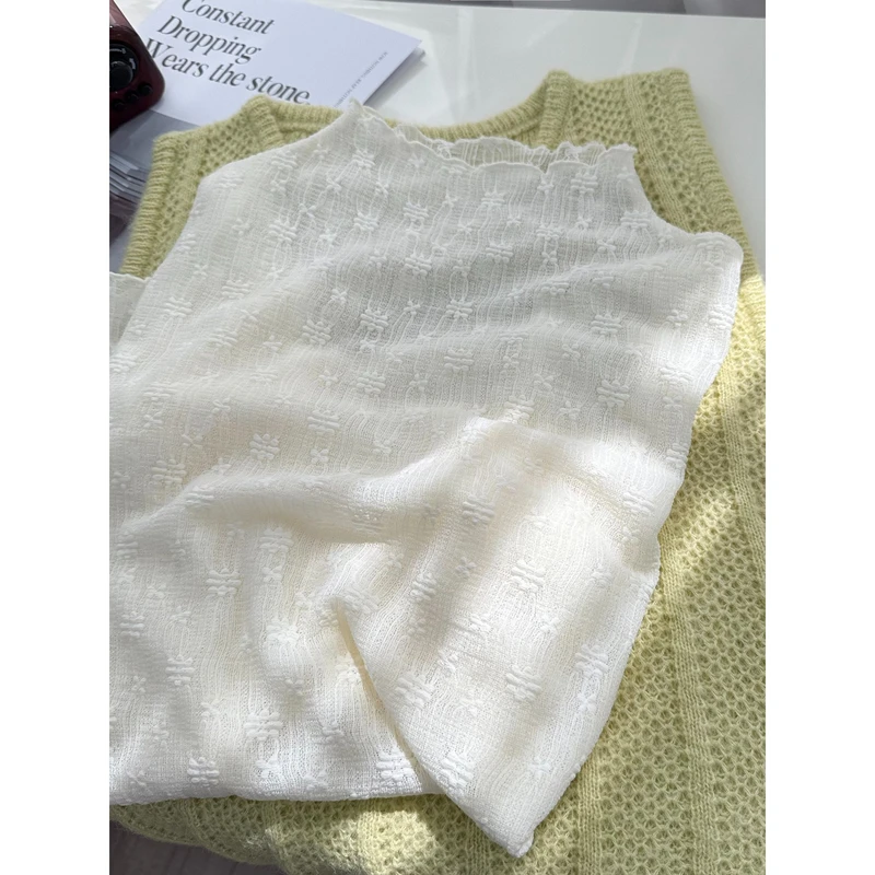 温柔米白色木耳边半高领网纱蕾丝打底衫女秋冬薄叠穿毛衣内搭纱衣
