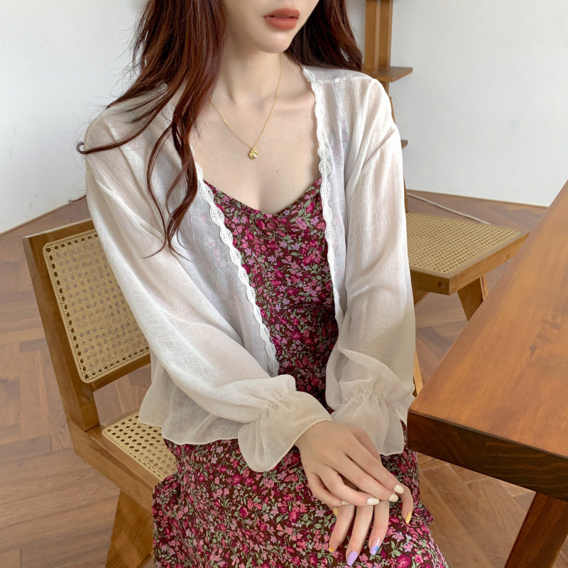 宽松花边雪纺防晒衣女2024夏新款薄沙滩开衫外套小个女上衣短外套