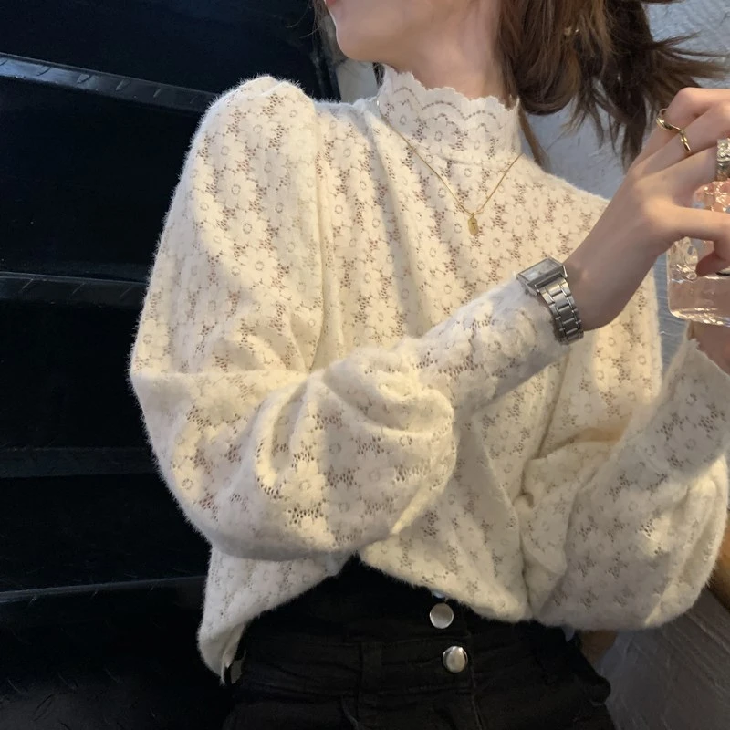 气质仙女磨毛蕾丝打底衫女春秋季新款半高领洋气内搭小衫超仙上衣