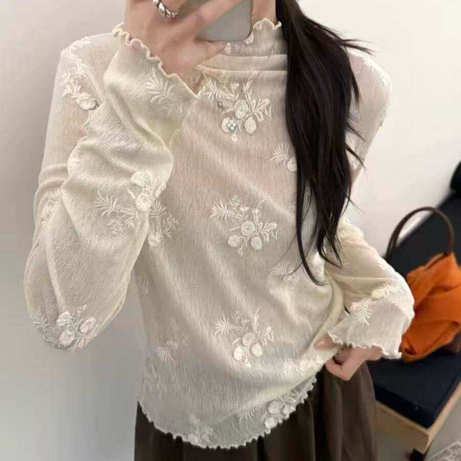 女士针织立领蕾丝刺绣木耳边长袖打底衫气质网红洋气时尚百搭春季