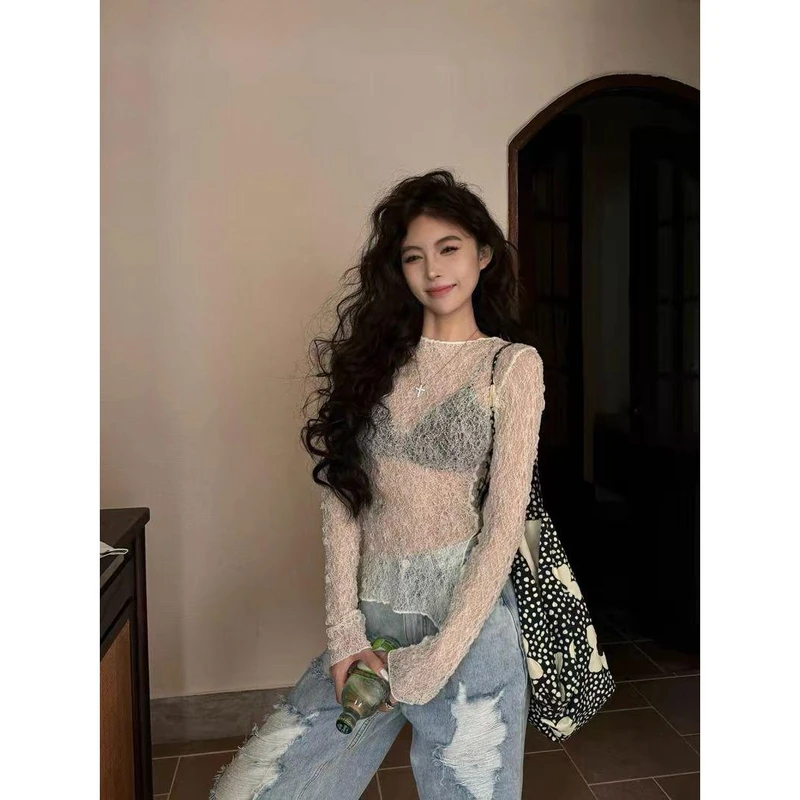 小心机性感镂空蕾丝打底衫女夏透明小衫高端t恤透视修身显瘦上衣