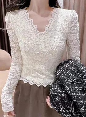 低领蕾丝打底衫女皮草内搭秋冬加绒加厚v领高级感短款网纱上衣