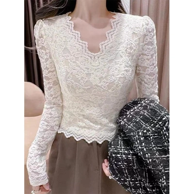 低领蕾丝打底衫女皮草内搭秋冬加绒加厚v领高级感短款网纱上衣