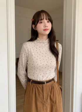 韩版温柔风小碎花长袖T恤女秋冬修身半高领打底衫百搭气质上衣