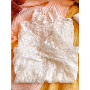 喇叭袖蕾丝打底衫女2023秋冬内搭加绒加厚网纱上衣半高领保暖小衫