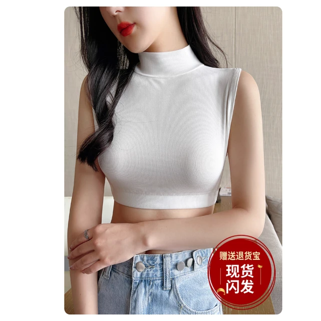 春秋季大码女装半高领螺纹背心女短款内搭胖mm200斤假领子小吊带