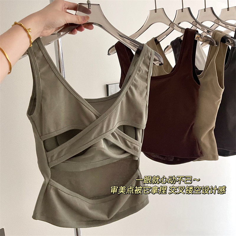 带胸垫吊带背心打底内搭美背修身显瘦交叉镂空方领无袖短款上衣