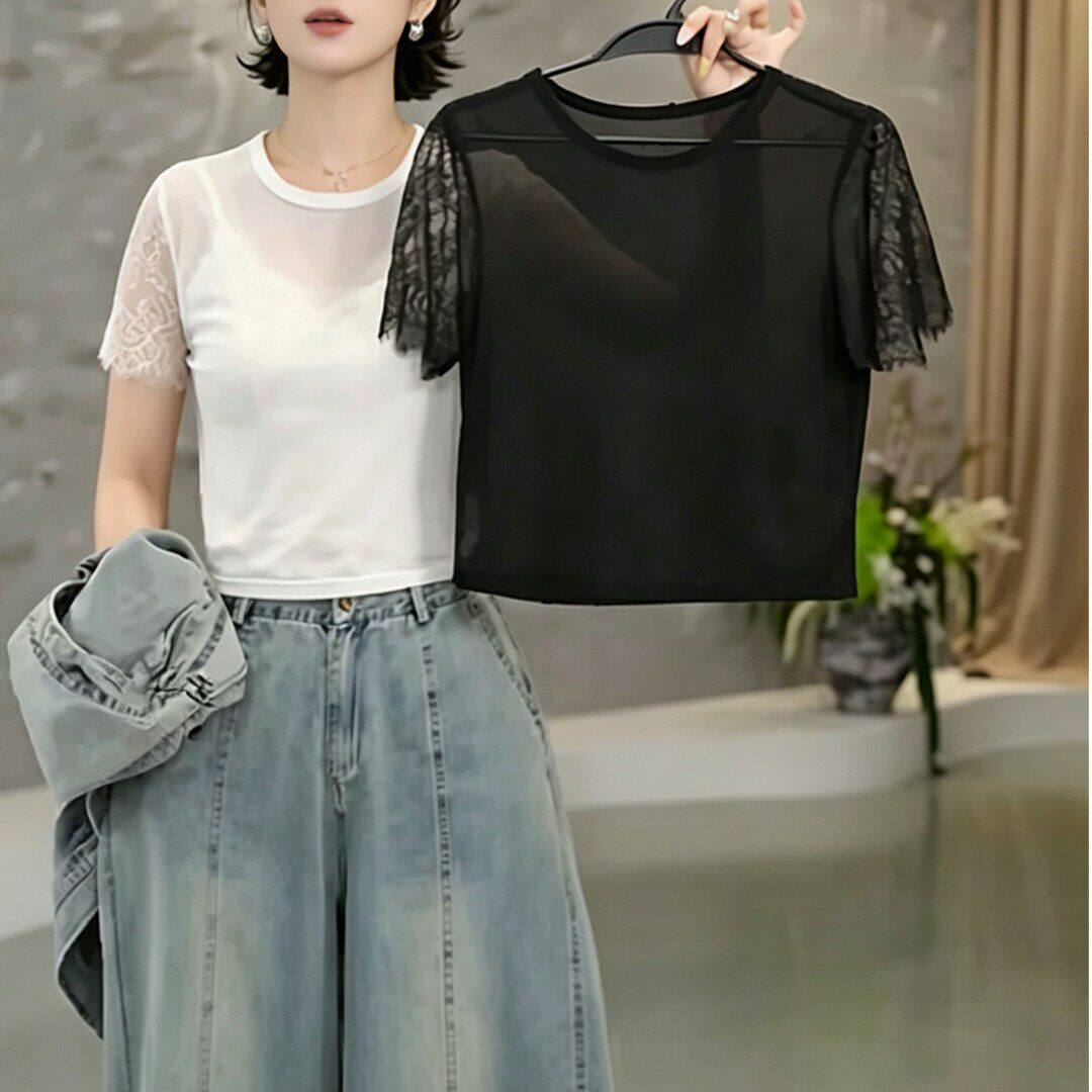 吊带裙内搭女短袖蕾丝打底衫半截网纱t恤假领子蕾丝镂空纱衣上衣
