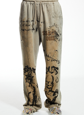 实体现货 Sssaint Louis  脏白涂鸦印花直筒破坏做旧卫裤