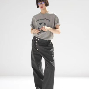 果实扣排扣斜襟拼接层次直筒休闲长裤 Prefab Epide 实体现货