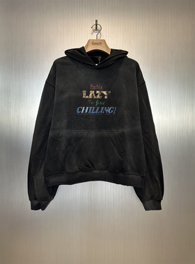 实体现货 Hide in Hills 水洗做旧彩字母刺绣重磅套头连帽衫卫衣