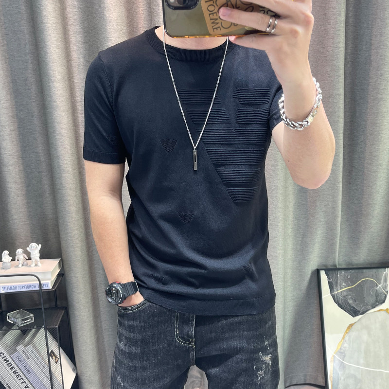 潮牌冰丝短袖针织衫男夏季新款弹力高端冰感毛线衣修身半袖毛衣潮