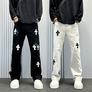 美式潮牌cleanfit十字架贴布牛仔裤男款微喇裤子秋冬直筒休闲裤潮